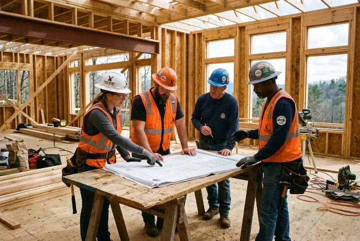 Black Rabbit Construction team reviewing remodeling plans in Western NC