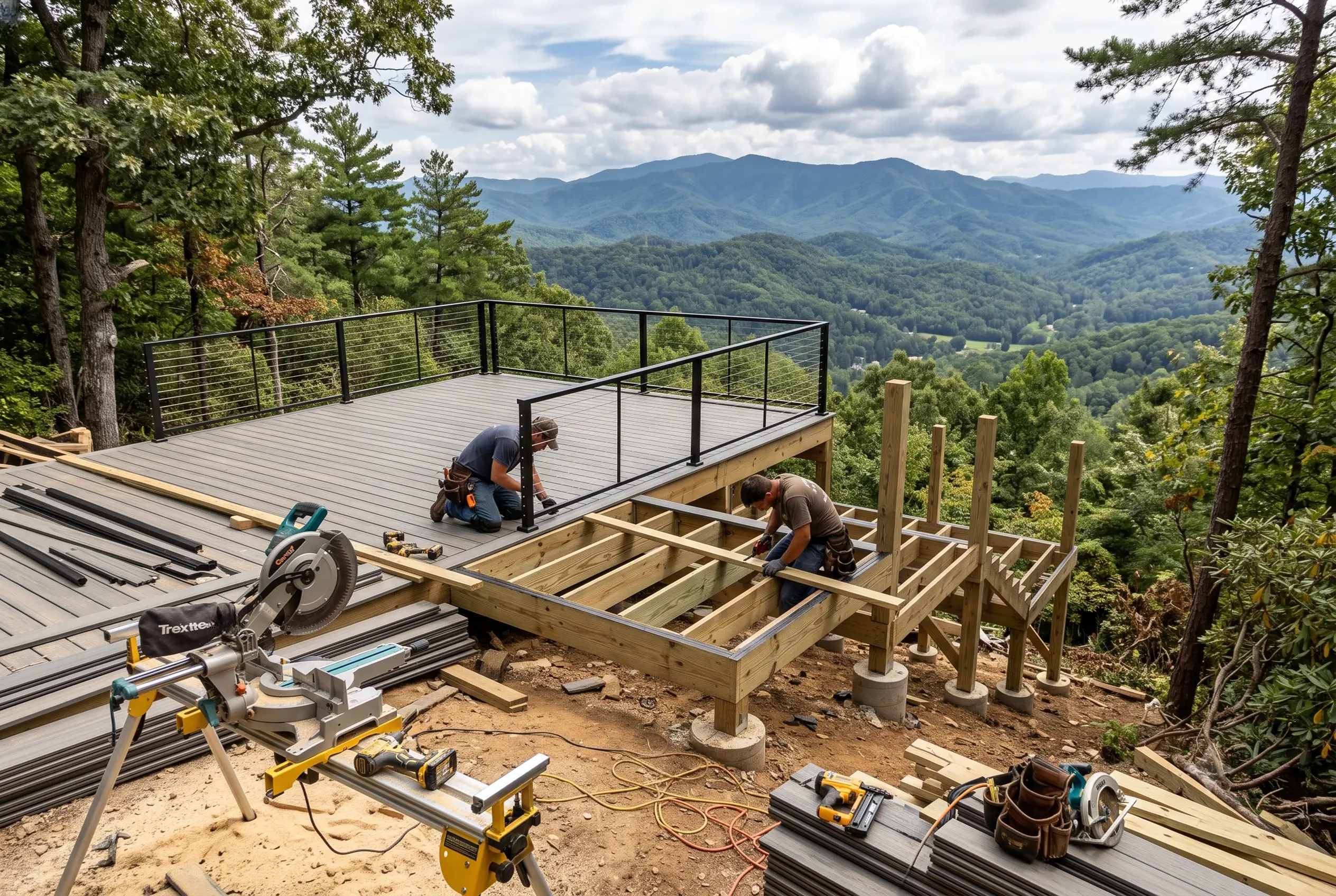 Composite deck construction on a sloped mountain lot in Western North Carolina