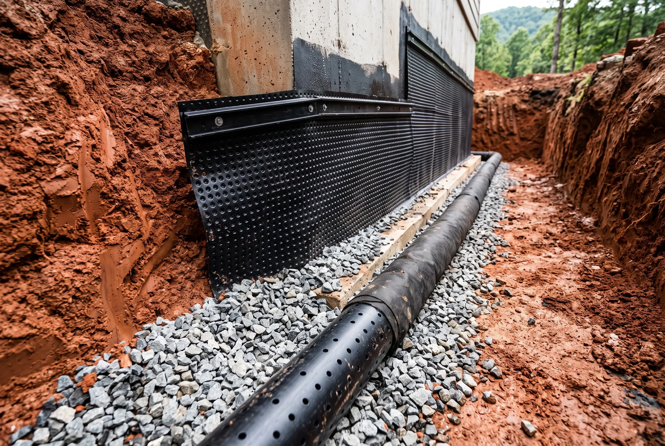 Foundation waterproofing and drainage system on a WNC mountain property
